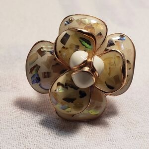 Beautiful enamel floral ring with gold trim and rose gold tone underneath